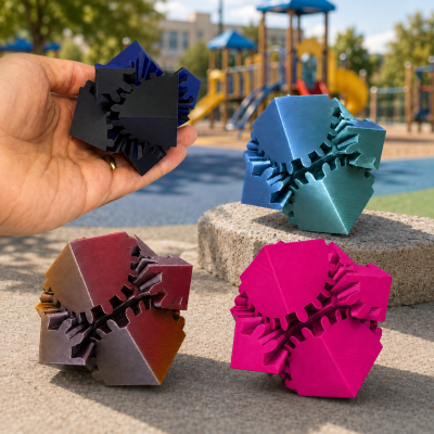 Quatro puzzles 3D coloridos com engrenagens expostas em parque infantil.