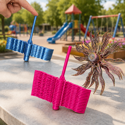 Três toupies de brinquedo coloridas a rodar numa superfície com parque infantil ao fundo.