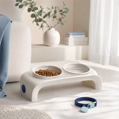 Comedouro elevatório branco com duas tigelas cerâmicas e coleira azul num ambiente interior minimalista.
