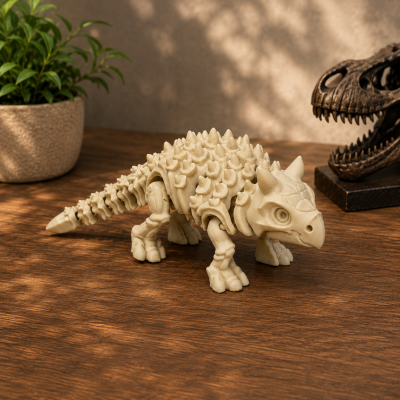 Figura de dinossauro ankylosaurus bege com espinhos em superfície de madeira