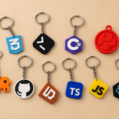 Porta-chaves coloridos com logótipos de linguagens e tecnologias de programação dispostos em fundo bege