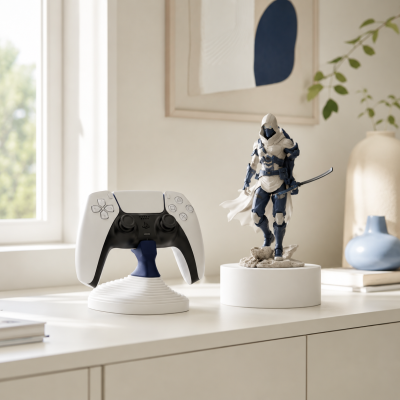 Comando de videojogo e figura de ação futurista com espada em suporte branco