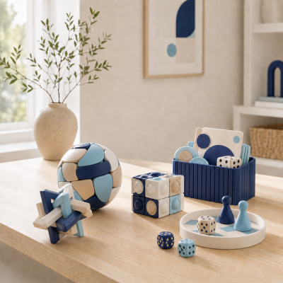 Conjunto de brinquedos de madeira azul e bege com peças geométricas sobre mesa de madeira clara