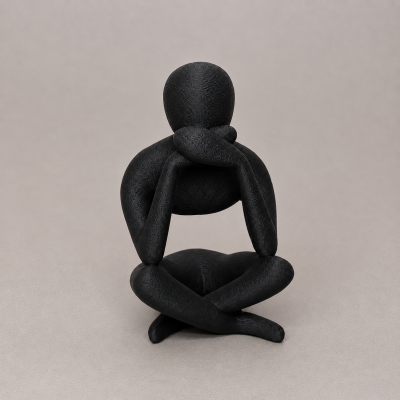 Figura decorativa negra em posição sentada com pernas cruzadas e mãos no queixo