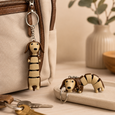 Porta-chaves em forma de cão dachshund castanho e bege junto a mochila bege e sobre superfície de madeira.