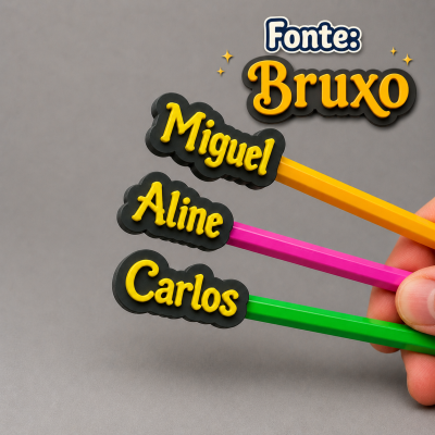 Marcadores coloridos com nomes Miguel, Aline e Carlos e texto Fonte: Bruxo