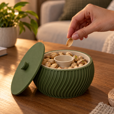 Recipiente verde com tampa e pistáchios numa mesa de madeira
