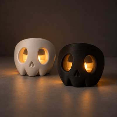 Suportes de vela em forma de caveira branco e preto com velas acesas