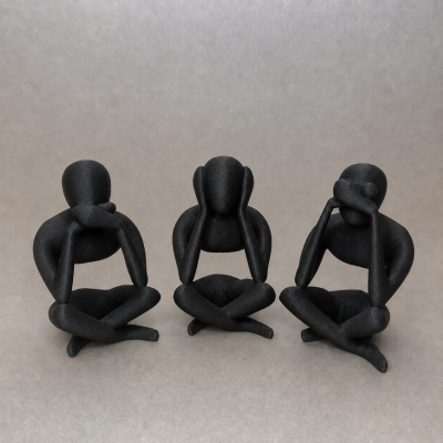 Esculturas decorativas pretas de figuras humanas sentadas com mãos no rosto.