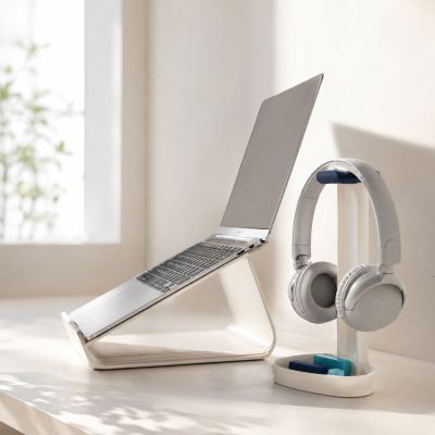 Computador portátil prateado num suporte ergonómico branco com auscultadores cinzentos num suporte branco