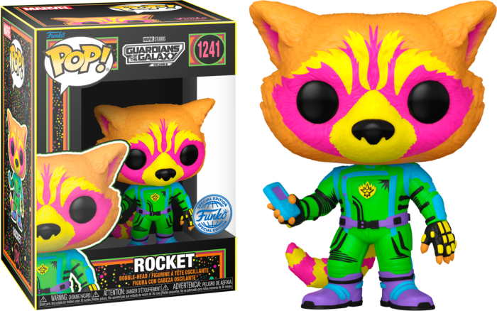 Figura Funko Pop! Rocket dos Guardians of the Galaxy numa caixa preta com texto