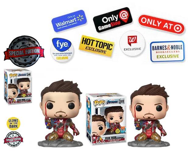 Funko Pop exclusivos: o que significam os autocolantes e edições especiais Figura Funko Pop Homem de Ferro com base cinza e caixa ao fundo com selos de exclusividade de várias lojas