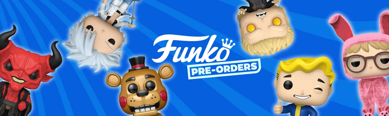 Bonecos Funko Pop coloridos numa disposição circular com texto Funko PRE-ORDERS