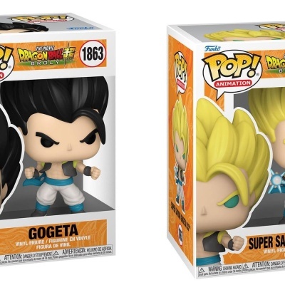 Duas figuras Pop! Animation de Dragon Ball Super em caixas de embalagem, Gogeta preto e Super Saiyan Gogeta amarelo.