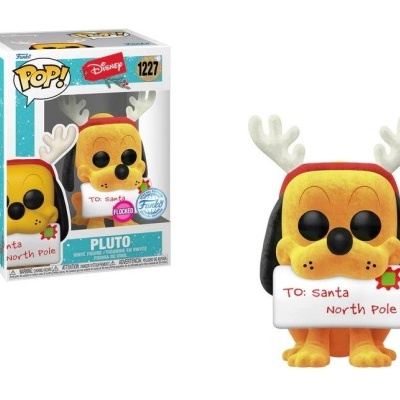 Figura Funko Pop! de Pluto vestido para o Natal com chifres de rena e cartão para o Pai Natal