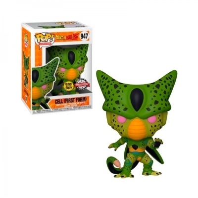 Figurinha Pop de vinil verde com manchas pretas e embalagem de Dragon Ball Z