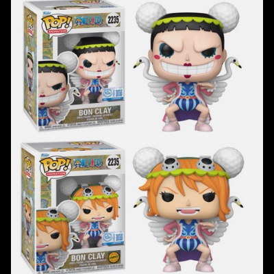 Duas figuras Funko Pop de vinil do personagem Bon Clay da série One Piece em caixas de embalagem