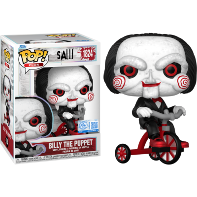 Boneco Funko Pop! Plus Billy the Puppet da série SAW montado numa bicicleta vermelha