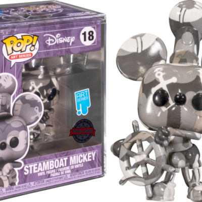Figura Funko Pop! Steamboat Mickey metálico cinza e branco com embalagem roxa