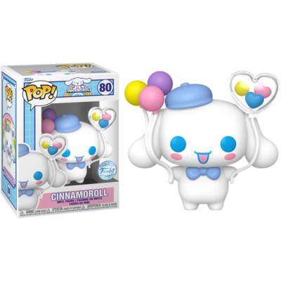 Figura Funko Pop! do personagem Cinnamoroll branco com chapéu azul e balões coloridos em caixa