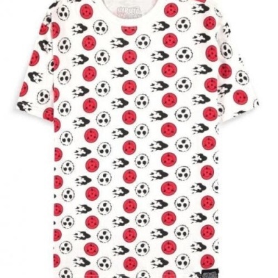 Camisola branca com padrão de bolas vermelhas, brancas e pretas de futebol