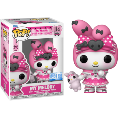 Figura Funko Pop! My Melody 50th Anniversary com orelhas cor-de-rosa, laços pretos e vestido rosa com bolinhas brancas