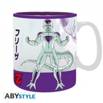 Caneca branca e roxa com personagem Freeza de Dragon Ball Z e texto japonês