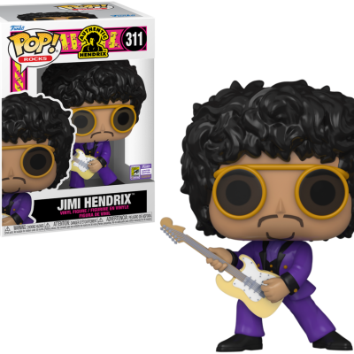 Figura de vinil Funko POP! de Jimi Hendrix em fato roxo com guitarra e caixa colorida