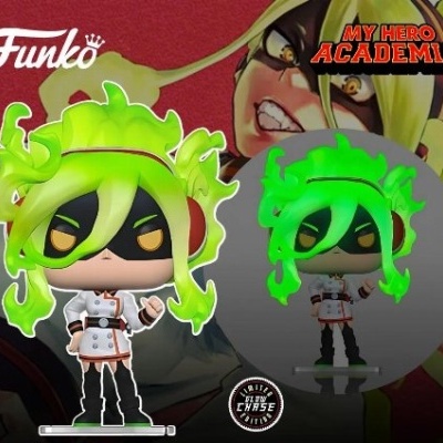 Figura Funko Pop de personagem de My Hero Academia com cabelo verde fluorescente.