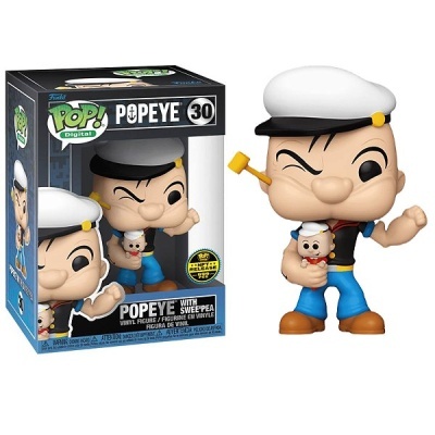 Figura Funko Pop de vinil do Popeye com Swee'Pea ao lado da caixa azul e preta com textos em inglês