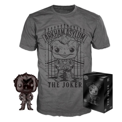 Camiseta cinza com estampa do Joker, miniatura Funko Pop do Joker e caixa do produto.