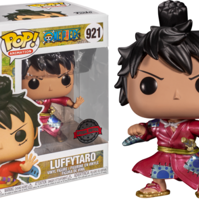 Figura Funko Pop! do Luffytaro com roupa vermelha e azul ao lado da caixa original com texto e número 921