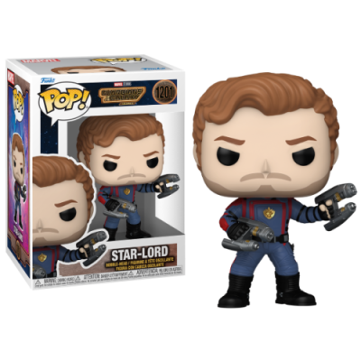 Funko Pop! Star-Lord Guardianes da Galáxia com caixa e figura de cabelo castanho e fato azul
