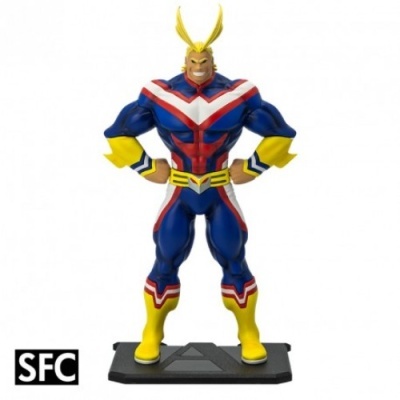 Figura de ação do super-herói All Might com fato colorido e base preta