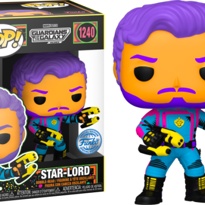 Figura Funko Pop! Star-Lord dos Guardiões da Galáxia com cabelo roxo e armas amarelas