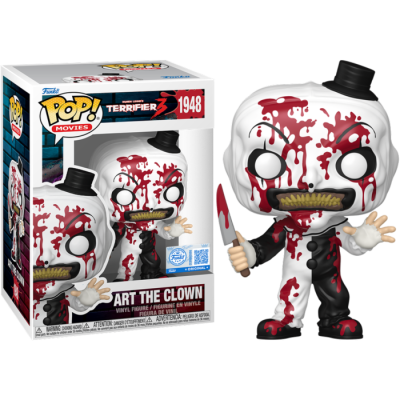 Figura Funko Pop! Art the Clown com faca e chapéu preto, cheio de sangue vermelho.
