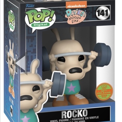 Figura Funko Pop Digital de Rocko com halteres e fita prateada nos olhos dentro da caixa.