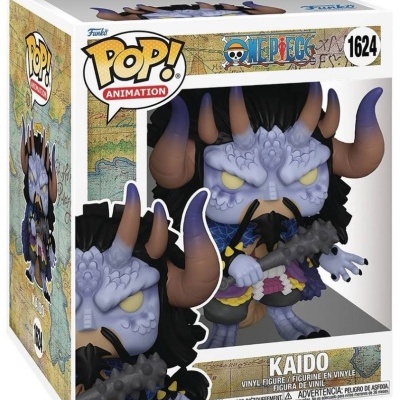 Figura de vinil Kaido da coleção Pop! Animation numa caixa branca com detalhe de mapa e logotipo One Piece.