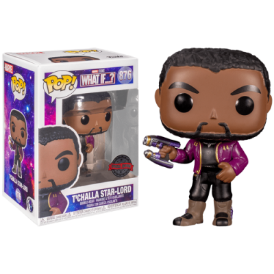 Figura Pop! T'Challa Star-Lord com casaco roxo e armas, com embalagem ao lado