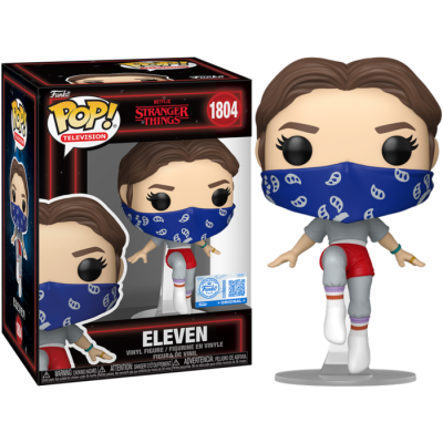 Figura Pop de vinil Eleven com máscara azul e roupa cinza e vermelha, ao lado da caixa da figura.