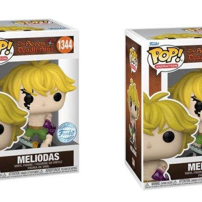 Caixas de figuras Funko Pop Meliodas 1344 com cabelo amarelo e detalhes pretos