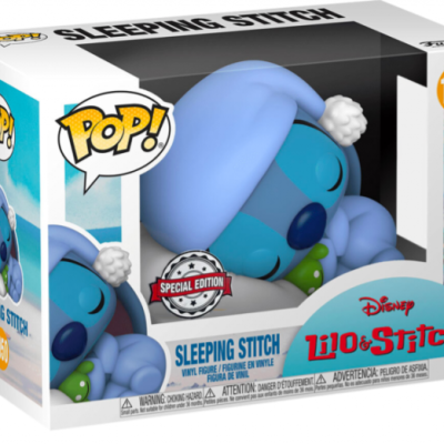 Funko Pop! Sleeping Stitch azul a dormir com gorro azul claro num pacote transparente