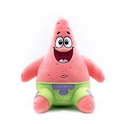 Pelúcia do personagem Patrick dos desenhos animados com calções verdes e expressão sorridente