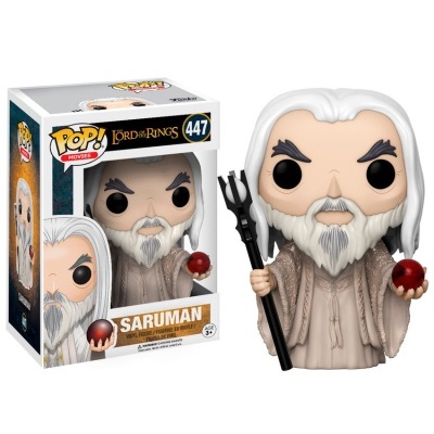 Figura Funko Pop Saruman do Senhor dos Anéis com roupa castanha e esfera vermelha