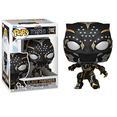 Figura Funko Pop! Black Panther Wakanda Forever com padrão preto, dourado e branco ao lado da respetiva caixa