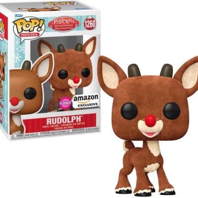 Figura Funko Pop! de Rudolph com nariz vermelho e orelhas castanhas, em caixa transparente com texto