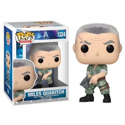 Figura Funko Pop! Miles Quaritch com uniforme camuflado e arma ao lado da embalagem.