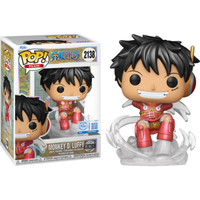 Funko Pop! Monkey D. Luffy de One Piece com roupa vermelha metálica e base branca em embalagem colorida