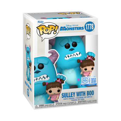 Bonecos Funko Pop Sulley com Boo em caixa branca com texto e logotipos
