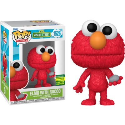 Boneco Funko Pop! Elmo com Rocco da Sesame Street em vinil vermelho com olhos grandes e nariz laranja